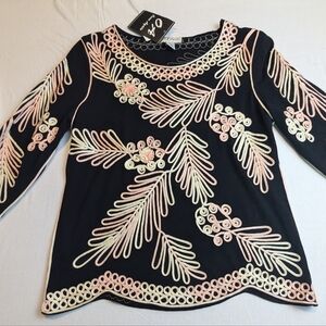 Once 1 Again NWT Blouse Shirt Black Top Embroidered Pink Off White Floral Large 